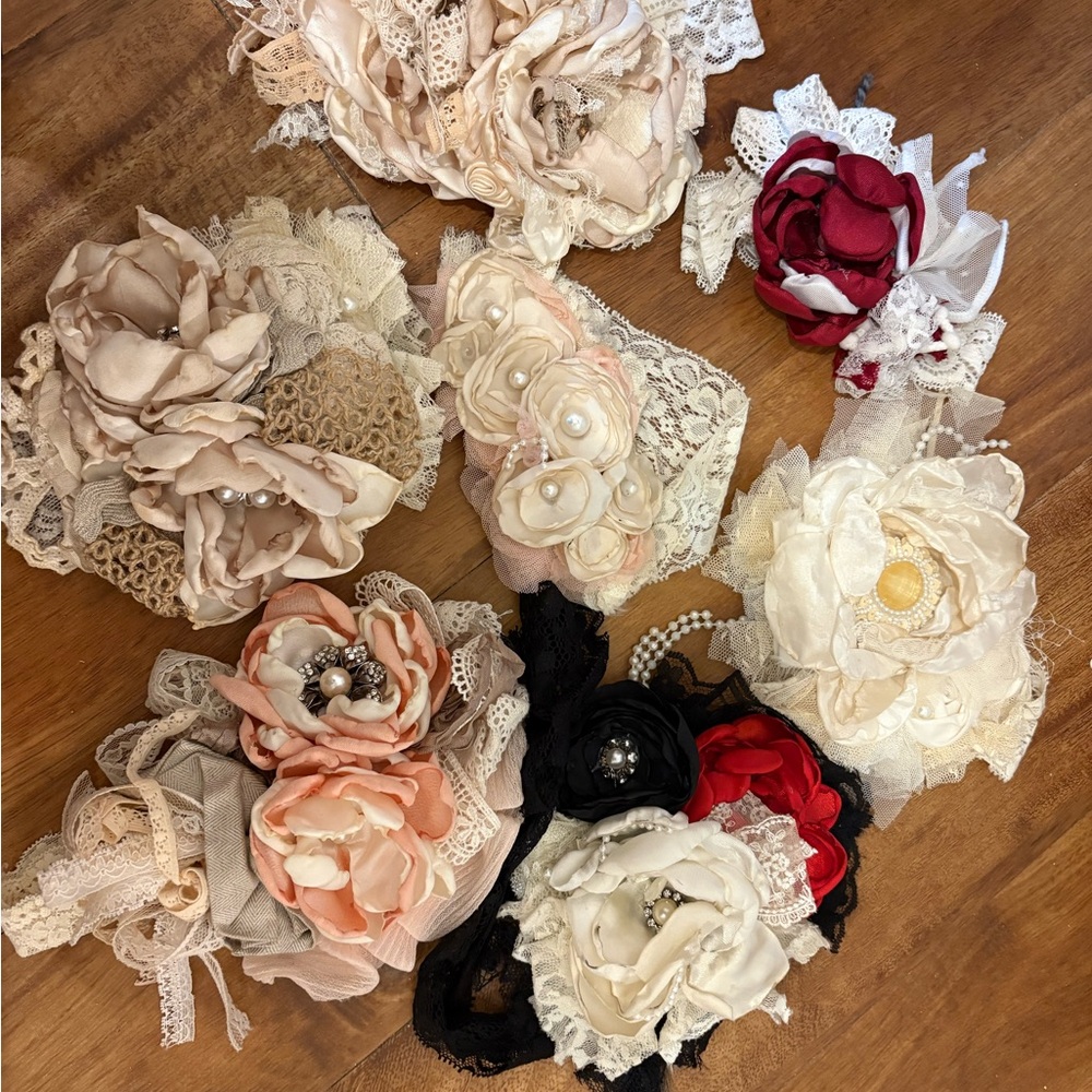 Kids Floral Lace Headband Set - Ivory, Blush, Black & Red